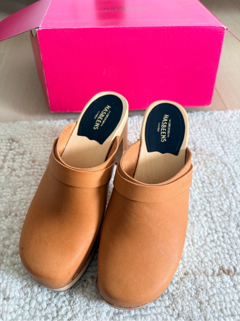 Swedish Hasbeens Tan Leather Clog Mules